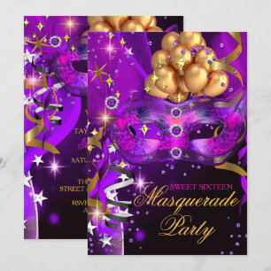 Invitation Fête Masquée Violette Or Noir pour les Douze Ans R