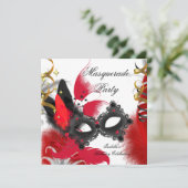 Invitation Fête Masquerade Anniversaire Rouge Masque Noir Bla (Debout devant)