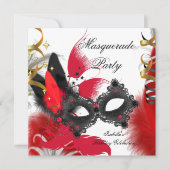Invitation Fête Masquerade Anniversaire Rouge Masque Noir Bla (Devant)