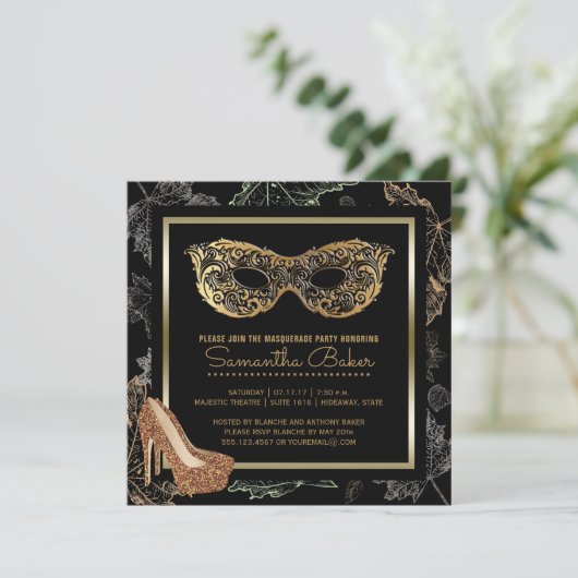 Invitation Fête Masquerade Automne | Balle en or noir (Debout devant)