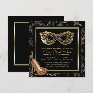 Invitation Fête Masquerade Automne Balle en or noir