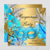 Invitation Fête Masquerade fête d'anniversaire Turquoise Blue (Devant / Derrière)