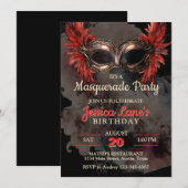 Invitation Fête Masquerade Masque Rouge Anniversaire (Devant / Derrière)