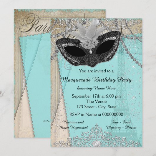 Invitation Fête Masquerade vintage Paris (Devant / Derrière)