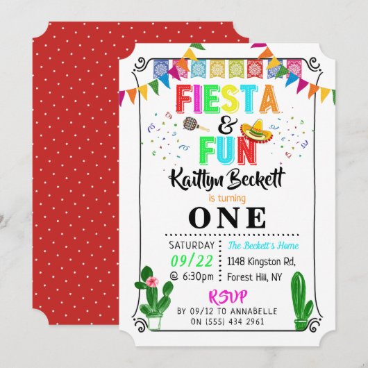 Invitation Fête mexicaine & Amusement 1er anniversaire Invita (Devant / Derrière)