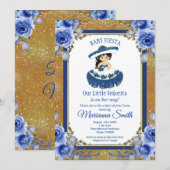 Invitation Fête Mexicaine Bébé Fille Roses Bleu Royal Or   (Devant / Derrière)