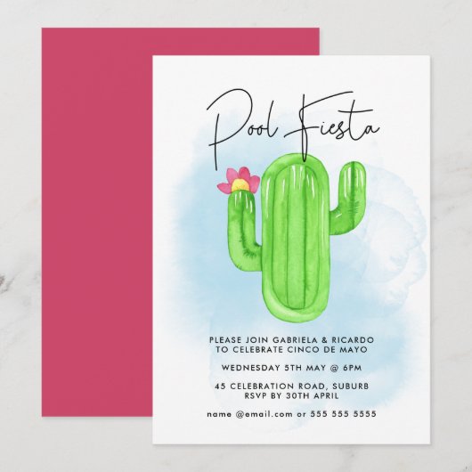 Invitation Fête mexicaine de la Fiesta Cactus Pool Cinco de M (Devant / Derrière)