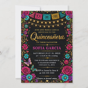Invitation Fête mexicaine florale lumineuse Quinceanera