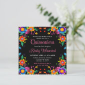 Invitation Fête Mexicaine Florale Noir Quinceanera (Debout devant)