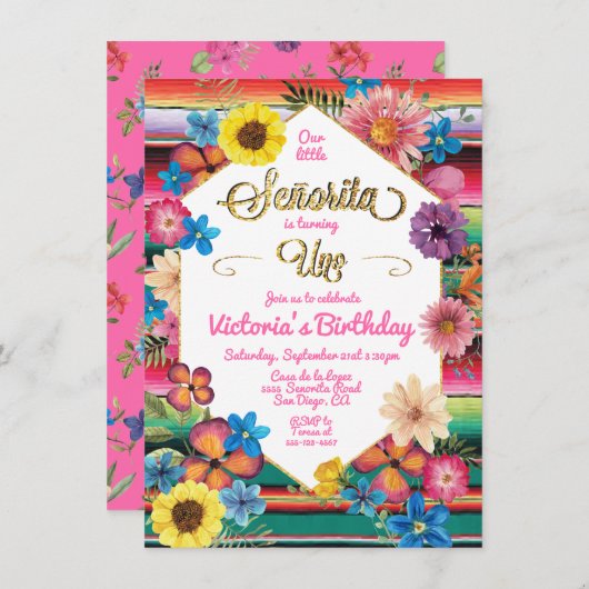 Invitation Fête mexicaine Señorita 1er Uno Anniversaire (Devant / Derrière)