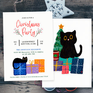 Invitation Fête Mignonne Art Café Chat Noir Fête de Noël