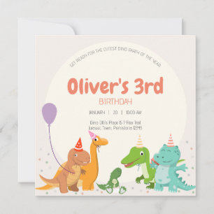 Invitation Fête mignonne de Dino pour un 3e anniversaire