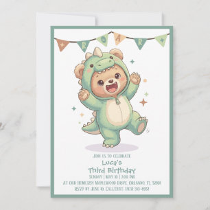 Invitation Fête Mignonne Dinosaure Kawaii Ours 3e Anniversa