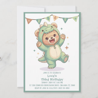Invitation Fête Mignonne Dinosaure Kawaii Ours | 3e Anniversa