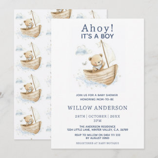 Invitation Fête minimale Ahoy C'est un garçon Ourson Voilier 