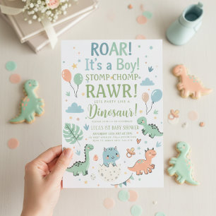 Invitation fête minimale Baby Shower garçon Dinosaure Rugisse