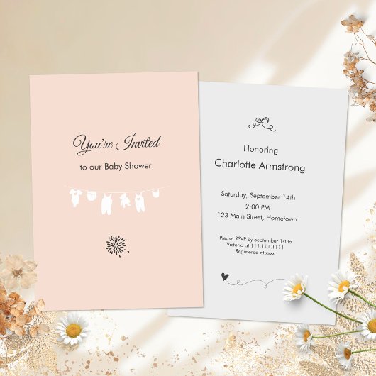 Invitation Fête minimale bébé fille pêche clair