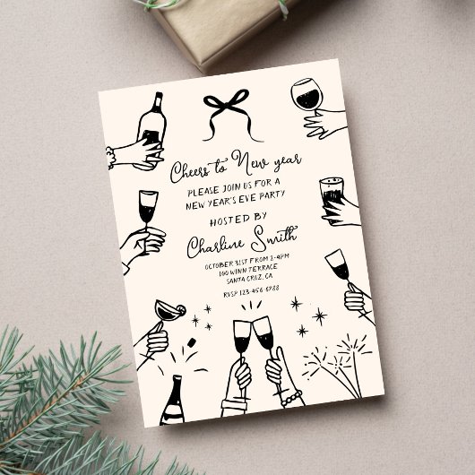Invitation Fête minimale « Bonne année » dessiné à la main