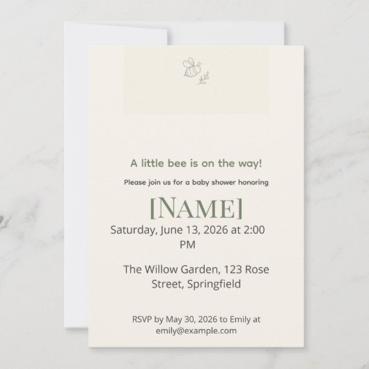 Invitation Fête minimale pour bébé abeille à miel, modifiable (Devant)