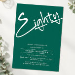 Invitation Fête Minimaliste Emerald Green 80th Birthday<br><div class="desc">Célébrez un 80e anniversaire avec élégance raffinée grâce à cette invitation minimaliste Emerald Green 80e anniversaire. Le design associe un arrière - plan vert émeraude luxuriant avec un texte blanc immaculé, créant un contraste dynamique et sophistiqué parfait pour les célébrations d'étape. Un script minimaliste écrit à la main "Eighty" occupe...</div>