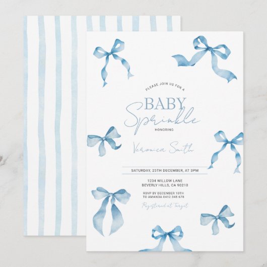 Invitation Fête Moderne Bébé Blue Bow (Devant / Derrière)