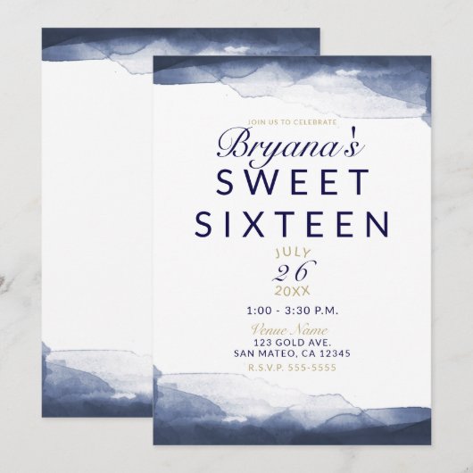Invitation Fête moderne chic bleu marine aquarelle douce 16 a (Devant / Derrière)