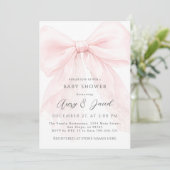 Invitation Fête Moderne de Bébé Fille avec Ruban Rose (Debout devant)