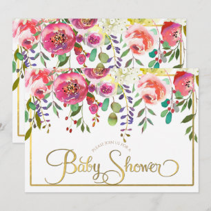 Invitation Fête Moderne de Bébé Fleurs Florales Aquarelle