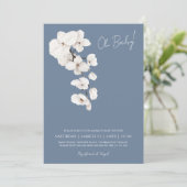 Invitation Fête Moderne de Bébé Orchidée Blanche Bleu Poussié (Debout devant)