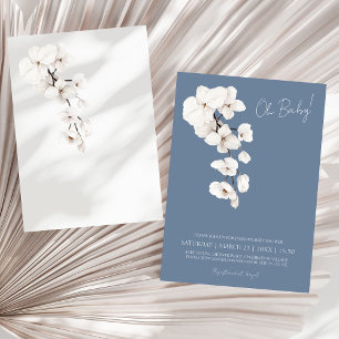 Invitation Fête Moderne de Bébé Orchidée Blanche Bleu Poussié