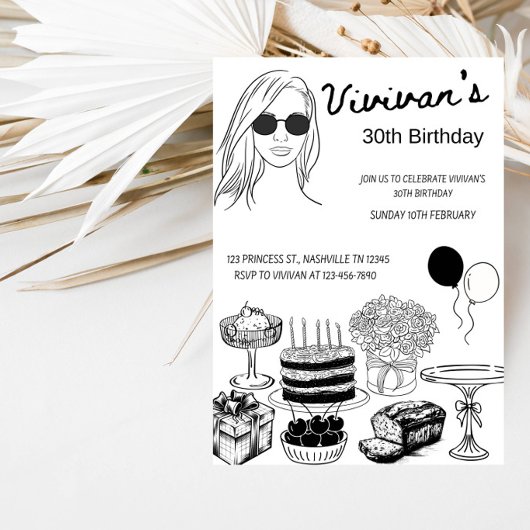 Invitation Fête Moderne de Fille avec Ligne d'Art pour Annive