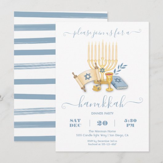 Invitation Fête moderne de Hanouka à l'aquarelle (Devant / Derrière)