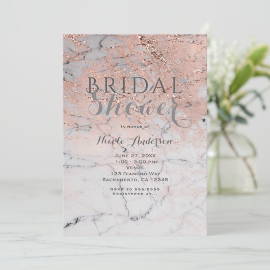 Invitation Fête Moderne de Luxe Rose Gold Rose Clair Marbre T (Debout devant)