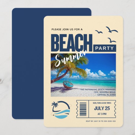 Invitation Fête Moderne de Plage Bleu Foncé (Devant / Derrière)