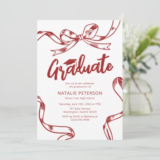 Invitation Fête moderne Doodle Red Bow Graduation (Debout devant)