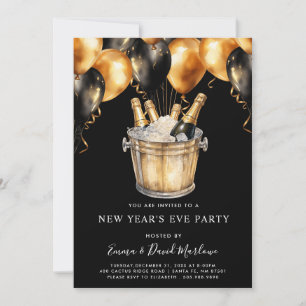 Invitation Fête moderne du Nouvel An avec ballons or et noir