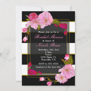 Invitation Fête Moderne Florale Chic Noir Blanc et Or