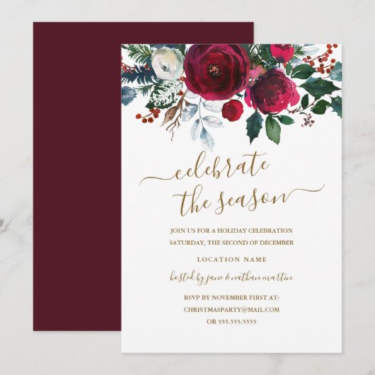 Invitation Fête moderne florale rouge or (Devant / Derrière)