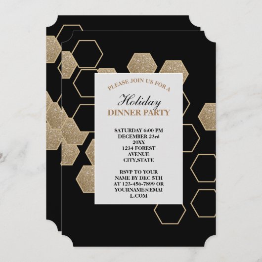 Invitation fête moderne géométrique hexagonale noire et or (Devant / Derrière)