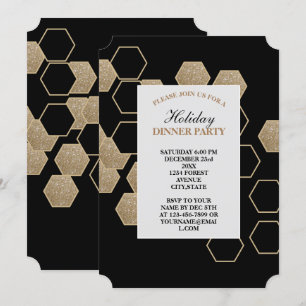 Invitation fête moderne géométrique hexagonale noire et or