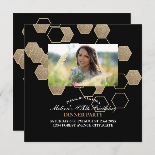 Invitation fête moderne géométrique hexagonale noire et or (Devant / Derrière)