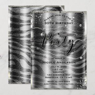 Invitation Fête Moderne Glamour Noir Blanc Zèbre & Bling Arge