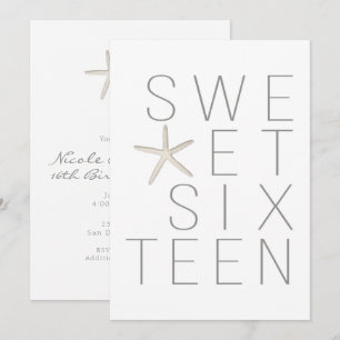 Invitation Fête moderne minimale blanche grise Sweet 16 plage