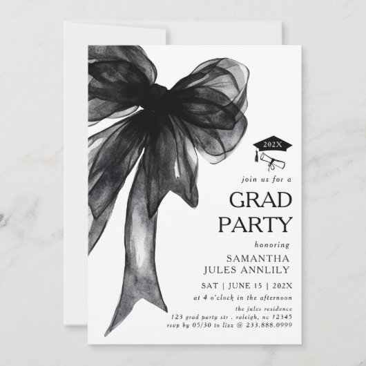 Invitation Fête moderne tendance Black Bow Graduation Party (Devant)