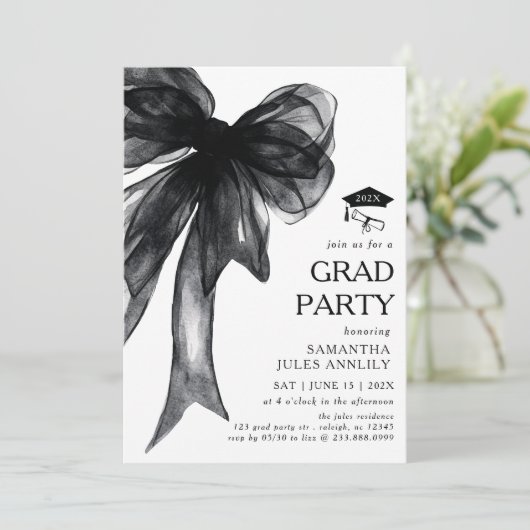 Invitation Fête moderne tendance Black Bow Graduation Party (Debout devant)