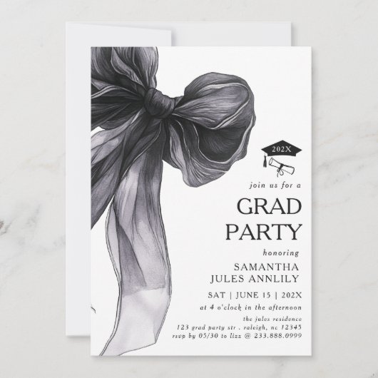 Invitation Fête moderne tendance Black Bow Graduation Party (Devant)