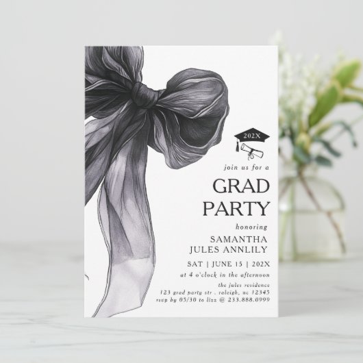 Invitation Fête moderne tendance Black Bow Graduation Party (Debout devant)
