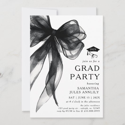 Invitation Fête moderne tendance Black Bow Graduation Party (Devant)