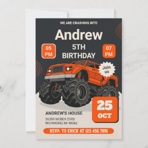 Invitation Fête Monster Truck Enfants sur mesure Anniversaire