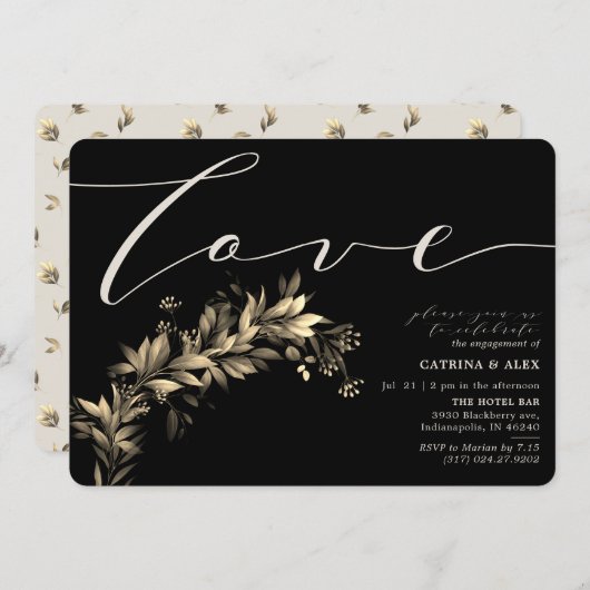Invitation Fête Moody Vert Beige Black Engagement Party (Devant / Derrière)
